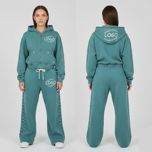 Conjunto de Sudadera con Capucha y Pantalones Anchos Acampanados de Estilo Urbano Casual para Hombre, Personalizado, de Poliéster/Algodón, con Cordón Ajustable, Lavado Ácido y Pedrería - Product Image 4