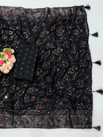 Sari en soie noire élégant avec broderie florale pour femme, tenue de mariage, style ethnique indien pakistanais, longueur ras du sol, taille standard