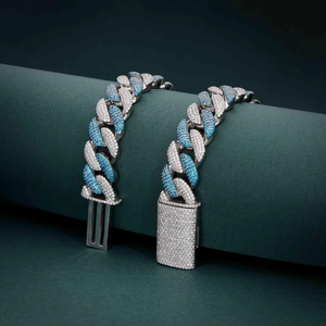 Blue <b>Iced</b> <b>Out</b> Cuban Link <b>Chain</b> | Silver Diamond Miami Cuban Necklace | Luxury Hip Hop Rapper Jewelry | Statement <b>Chain</b> for Men - Product Image 3