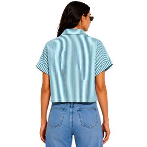 Camisa corta a rayas azul verdoso y blanco personalizada para mujer, blusa informal de verano con botones y logotipo bordado personalizado, OEM - Product Image 2
