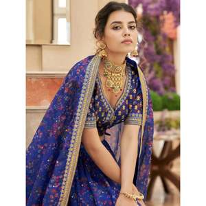 A-Line Modern Lace Organza Bridesmaid Lehenga Choli in Majestic Blue Plus Size - Product Image 3