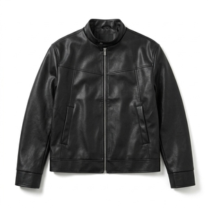 Chaqueta de Cuero Genuino Negra para Hombre de Alta Calidad, Cuello Alto, Cierre de Cremallera, Estilo Motero, Fabricada en Pakistán - Product Image 1