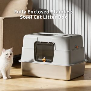 Lettiera per Gatti Chiusa in Acciaio Inossidabile Nero, Adatta agli Animali Domestici, con Bordi Alti per Prevenire lo Spargimento - Product Image 6