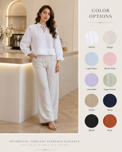 <b>Top</b> Selling Women Vintage Woven Summer Fashion Cotton <b>Linen</b> Blouse Long Bishop Sleeve Tie up Neck Solid Color Casual Loose Shirt - Product Image 1