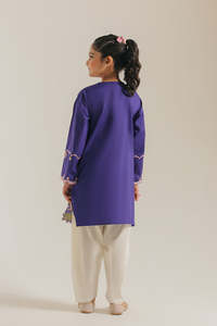 Girls Purple Embroidered Kurta With Cream Pants Traditional Indian Pakistani Wear Regular Fit Midi Length Cotton Casual Outfit - Product Image 2