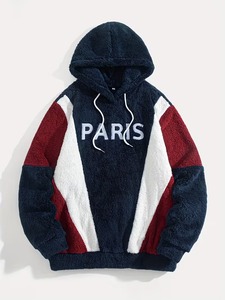 เสื้อฮู้ดขนเฟอร์สีน้ำเงินกรมท่าสำหรับผู้ชาย พิมพ์ลายตัวอักษร PARIS ทรงโอเวอร์ไซส์ เนื้อผ้านุ่มฟู อุ่นสบาย - Product Image 1