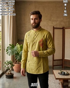 Rustic Beige Heritage Men's Cotton Floor-Length Regular Fit Traditional Kurta/<b>Kurti</b> for Diwali Wedding Party & Casual Wear - Product Image 5
