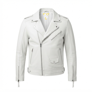 Chaqueta de Moto de Cuero PU Blanca para Hombre, Corte Ajustado, Cuello Camisero, Cierre de Cremallera, Manga Regular, Estilo Otoñal - Product Image 1