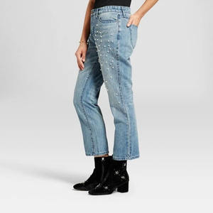 Vaqueros cortos de mujer con bordado de perlas, de talle alto y pierna recta, para uso exterior, pantalones vaqueros de mezclilla para mujer - Product Image 4