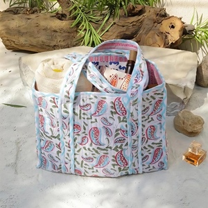 EcoDari Large <b>Waterproof</b> Quilted Cotton Tote Bag Solid Color Blue for White Textile Beach Shopping Bag Zipper Closure Hand - Product Image 4