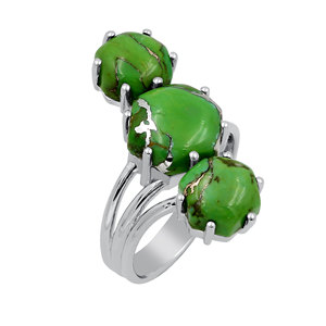 Bagues Gourik vert turquoise à trois pierres en argent 925, pierres précieuses naturelles, sertissage à griffes, bijoux cadeau, style bohème, pour usage quotidien - Product Image 1