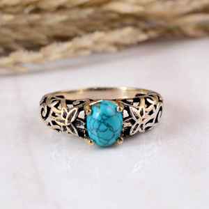 SHYAM JEWELRS Anillo de Plata 925 Hecho a Mano con Turquesa Floral y Gema Antigua, Unisex, Engaste Ovalado, para Boda o Aniversario - Product Image 1