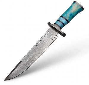 Couteau utilitaire ergonomique à double protection, en acier damas goutte de pluie, fait main, avec manche en résine turquoise et os. - Product Image 5