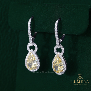 Premium Fancy Yellow Pear Lab Grown <b>Diamond</b> <b>Dangle</b> <b>Earrings</b>, Teardrop Halo Cluster With Pave And Secure With Prongs Jewelry - Product Image 3