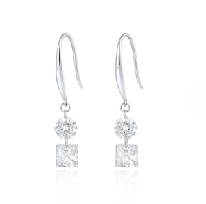 Pendientes colgantes de oro blanco de 18 quilates para mujer, con corte princesa y brillante redondo, clásicos para bodas, con diamantes cultivados en laboratorio, certificados por IGI - Product Image 1