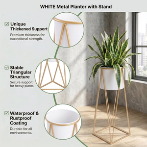 Jardinière moderne en métal blanc avec support, pot de fleurs décoratif d'intérieur pour salon, chambre, bureau, balcon, jardin - Product Image 3