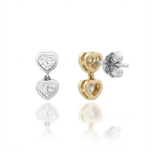 Fashion Drop Earrings 14K Solid Gold Custom Wholesale Fashion Jewelry Silver 925 Double Bezel Setting Duo Heart Drop Earring - Product Image 3