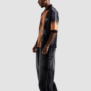 Polo Homme Oversize Streetwear à Manches Courtes, Motif Imprimé Dégradé Noir Orange, en Polyester Tissé avec Logo Frontal - Product Image 4