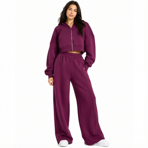 Conjunto Deportivo con Capucha para Mujer, Color Morado, Manga Larga, Corte Holgado, Cierre Frontal con Cremallera, Estilo Casual para Otoño, con Bolsillos Laterales - Product Image 2