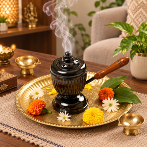 Brûleur d'encens en laiton noir avec poignée en bois, support pour charbon et bakhoor, encensoir traditionnel, porte-dhoop, ensemble de décoration Puja Thali - Product Image 3