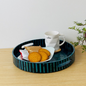 PERFECT ENTERPRISES Round Serving Tray, Lacquer Mother of Pearl Inlay Mosaic Tray, Inlay Nacre Ottoman Tray with <b>Handles</b> - Product Image 4