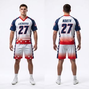 Ensemble d'uniformes de lacrosse en jersey sublimé à motifs étoiles et rayures patriotiques, respirant, en maille polyester, pour équipes - Product Image 1