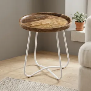 Iron Wooden Tray <b>Table</b> <b>Round</b> Rustic Wood Serving Side <b>Table</b> Modern Accent Furniture Living Room Furniture - Product Image 4