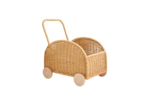 Handmade Natural Rattan Wicker Kids Push Cart <b>Toy</b> Storage <b>Trolley</b> with Wooden Wheels for Children Pretend Play and Nursery - Product Image 1