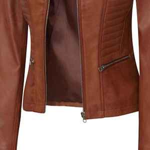 Brown Genuine <b>Leather</b> <b>Jacket</b> With Turn-down Collar Full Sleeve Autumn Style Women's Casual Outerwear Premium Quality Durable - Product Image 4