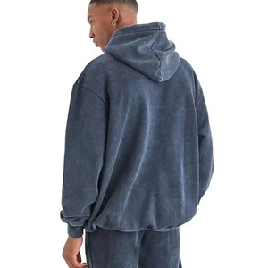 Unisex Dark Blue Washed Polyester Breathable <b>Lightweight</b> <b>Hoodie</b> Sweatpants Set Casual Loose Fit Full Sleeve Solid Tracksuit - Product Image 6