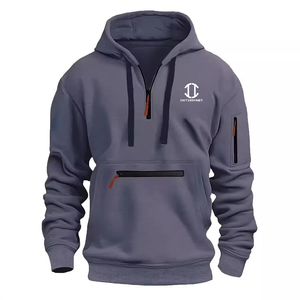 INTERKNIT Men's <b>Light</b> Gray Quarter-Zip Hooded Fleece <b>Jacket</b> with Front and Sleeve Zippers Casual Autumn Wear - Product Image 2