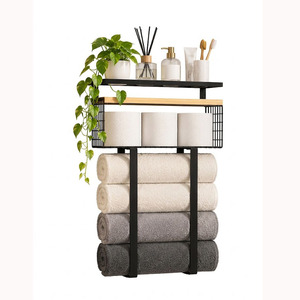 Étagère de rangement murale pour salle de bain, trois niveaux, en métal, avec porte-serviettes et porte-papier toilette, style industriel - Product Image 5