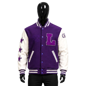 <b>Men's</b> <b>Purple</b> Varsity Jacket With Embroidered L Logo And Stars Preppy Style Baseball Jacket Regular Fit Turn-down Collar - Product Image 1