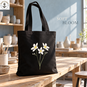 White Floral Print <b>Canvas</b> Tote with <b>Long</b> Handles | Black Botanical Shopping Shoulder Bag for Everyday Carry Daily Use and Travel - Product Image 4