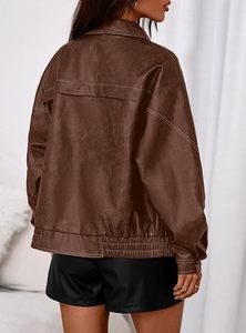 Women's Brown Faux Leather Bomber Jacket Full Sleeve <b>Zipper</b> Closure Turn-down Collar Autumn Style Short Length - Product Image 5