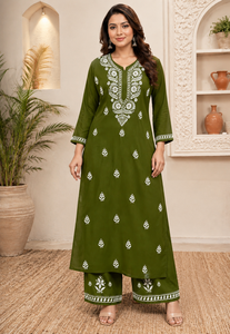 Exclusive Women Olive Green <b>Chikankari</b> Hand Embroidered Straight Kurti with Matching Palazzo Set Ethnic Floral <b>Suit</b> - Product Image 1