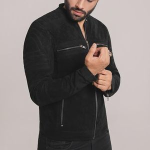 Chaqueta de cuero de gamuza negra para hombre, con cuello alto, cremallera, estilo motero, transpirable, a prueba de viento, ropa de abrigo de invierno, personalizada - Product Image 5