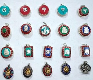 Brass and Copper Religious Carved <b>Engraved</b> Buddhist Mantra Ghau & Charm Pendants Handmade Nepal Model Gift - Product Image 2