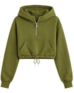 Sudadera con capucha corta de forro polar verde oliva con cremallera de un cuarto, bolsillo canguro, dobladillo con cordón ajustable, estilo casual urbano, cálida, para mujer - Product Image 1
