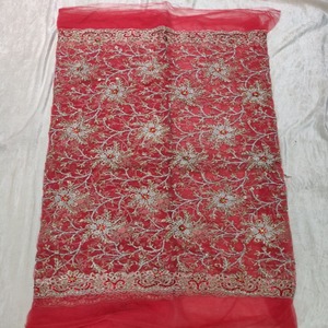 Superior Quality Nigerian Couture 5 Yard Red <b>Net</b> Lace <b>Fabric</b> With Floral PAttern And Intricate Embroidery Work For Wedding Wear - Product Image 1