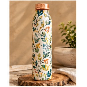 Botella de Agua de Cobre con Diseño Floral Moderno, Tapa de Cobre, Portátil, para Viajes - Product Image 1