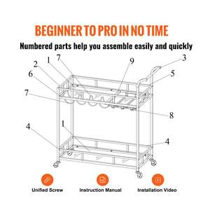 Chariot de service de bar en métal doré à 2 niveaux avec porte-verre à vin Capacité de 120 LBS Ensembles de bar élégants - Product Image 6