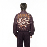 Blouson Bomber en Cuir Bordeaux pour Homme avec Broderie Renard Kitsune à Neuf Queues Japonais, Style Vintage Oversize Streetwear