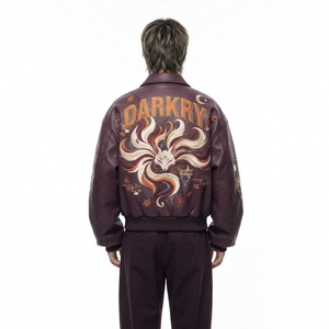 Japanese Nine Tailed Kitsune Fox Embroidery Mens <b>Burgundy</b> <b>Leather</b> Bomber <b>Jacket</b> Vintage Oversized Streetwear Outerwear - Product Image 2