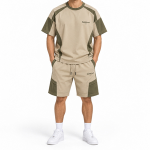 Conjunto de Camiseta y Pantalones Cortos Cargo para Hombre, Color Beige Oliva, Estilo Urbano, Ropa de Calle, Mezcla de Algodón, Atuendo de Verano, Marca Privada - Product Image 1