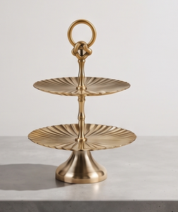 Factory Direct 2 Tier Round Sunburst Fluted Metal <b>Cake</b> <b>Stand</b> <b>Vintage</b> Gold Finish Dessert Platter Centerpiece Knot Handle - Product Image 1