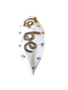 Bandeau large rembourré en tissu blanc pour bébés filles, personnalisé avec perles et broderie dorée, accessoire pour cheveux, idéal pour cadeau de baby shower - Product Image 2