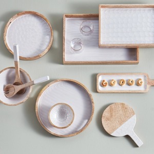 Handcrafted Pearl Enamel Wooden Serving <b>Tray</b> with Raised <b>Round</b> Rim and Cutout Handles Decorative Dining <b>Table</b> Organizer Serving - Product Image 2