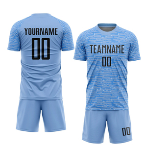 ชุดเสื้อฟุตบอลแบบกำหนดเองสำหรับผู้ชาย สีฟ้าอ่อน พิมพ์ลายชื่อทีมตามสั่ง เนื้อผ้าโพลีเอสเตอร์ระบายอากาศได้ดี แขนสั้น เหมาะสำหรับทุกฤดูกาล - Product Image 1
