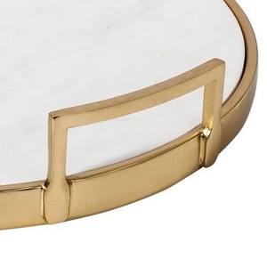 Wholesale Luxury <b>Round</b> Marble Serving Tray Bulk Hotel Platter with Elegant <b>Brushed</b> Gold Metal Frame and Modern Square Handles - Product Image 3